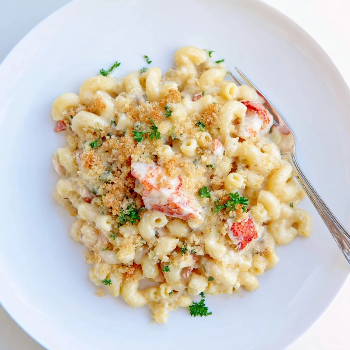 Baked mac and cheese with succulent lobster chunks in rich garlic butter cheese sauce