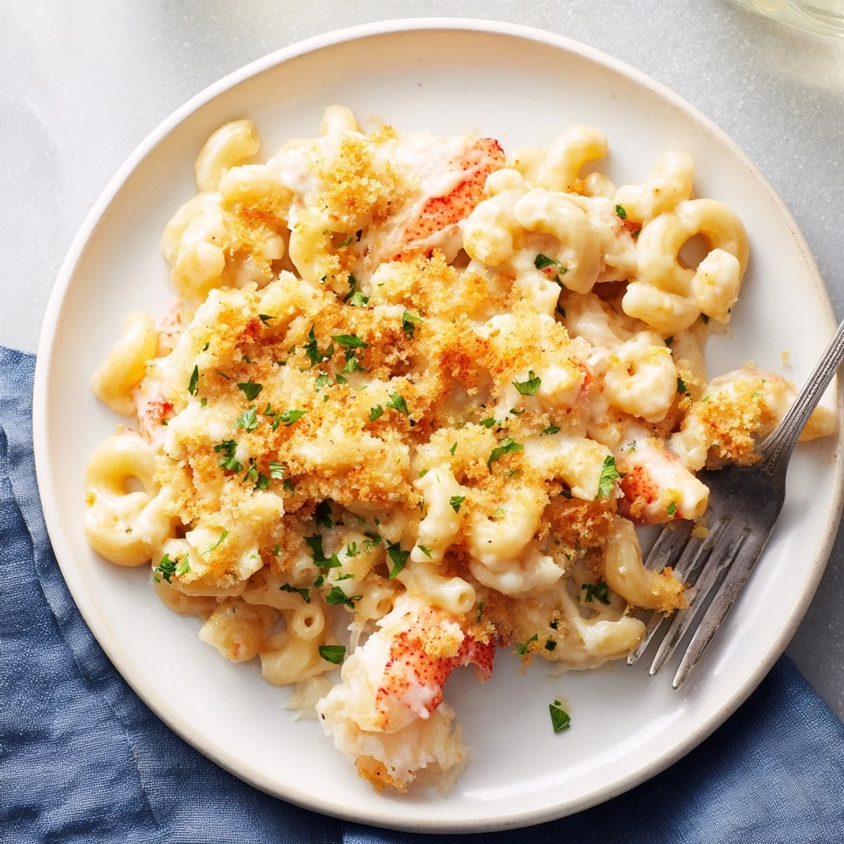Creamy garlic butter lobster mac and cheese topped with golden crispy breadcrumb crust