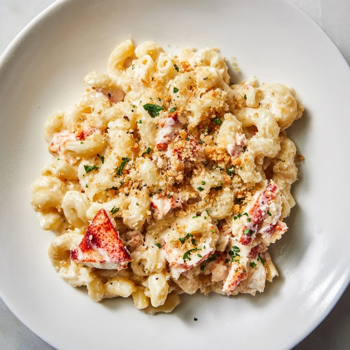 Golden crusted lobster mac and cheese pasta bubbling with melted cheddar and gruyère