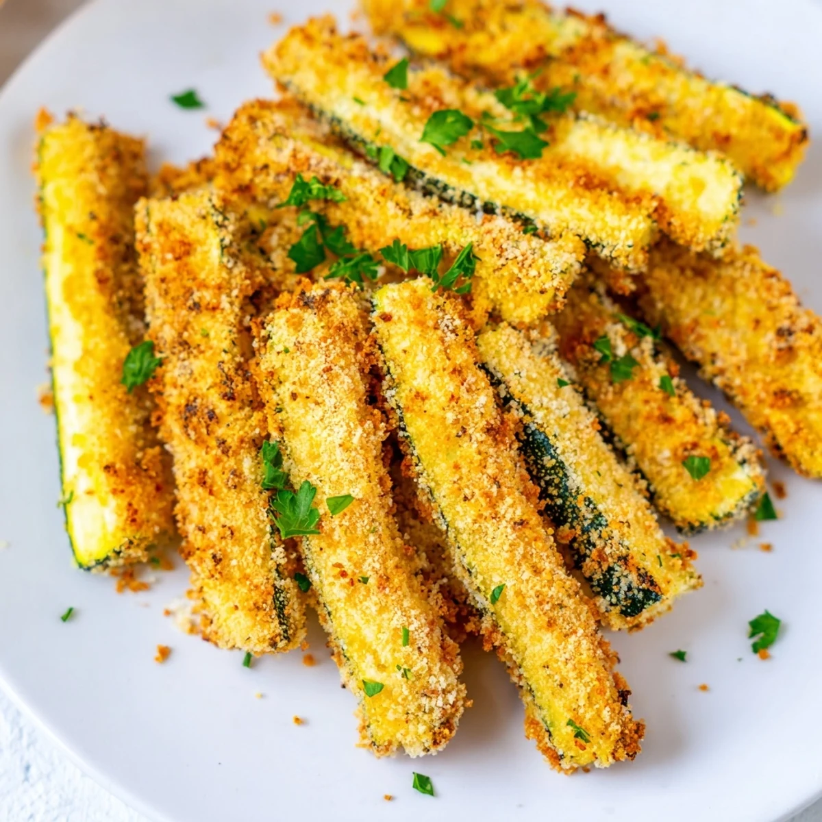 Golden baked keto zucchini fries arranged on a white serving plate with fresh parsley garnish
