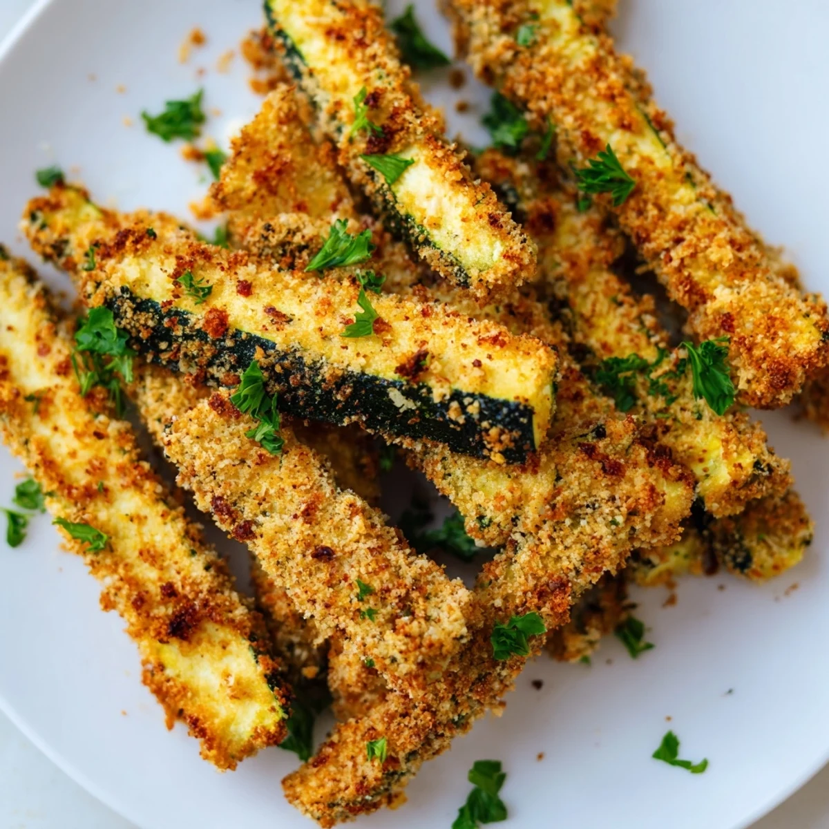 Crispy low-carb zucchini fries with almond flour coating on a parchment-lined baking sheet