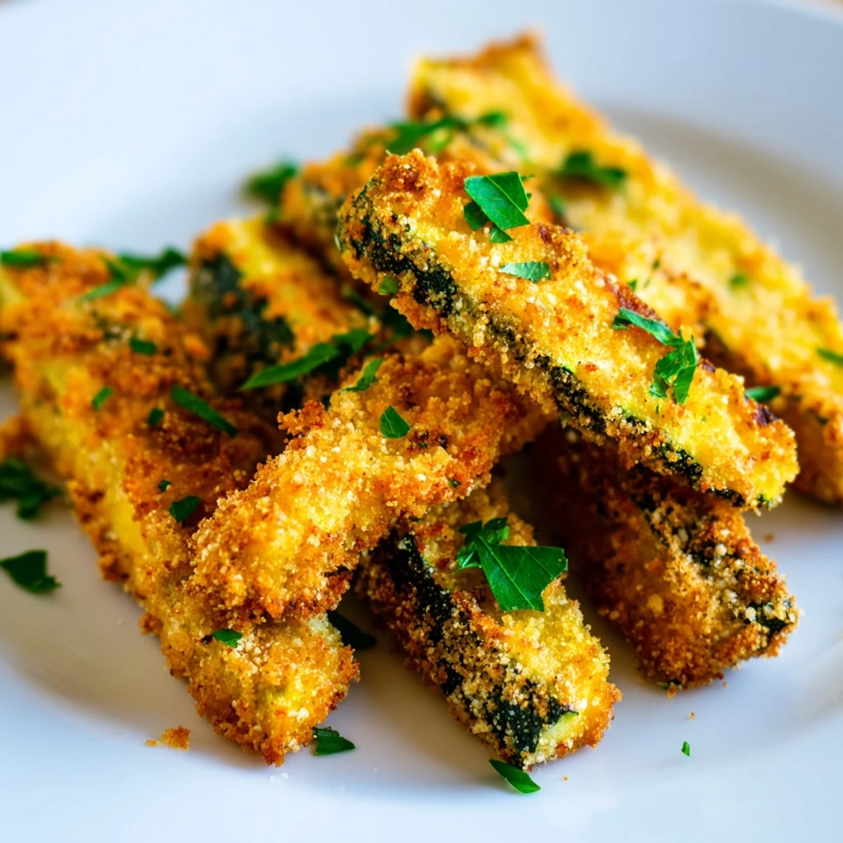 Close-up of crunchy parmesan-crusted keto zucchini fries perfectly golden and ready for dipping