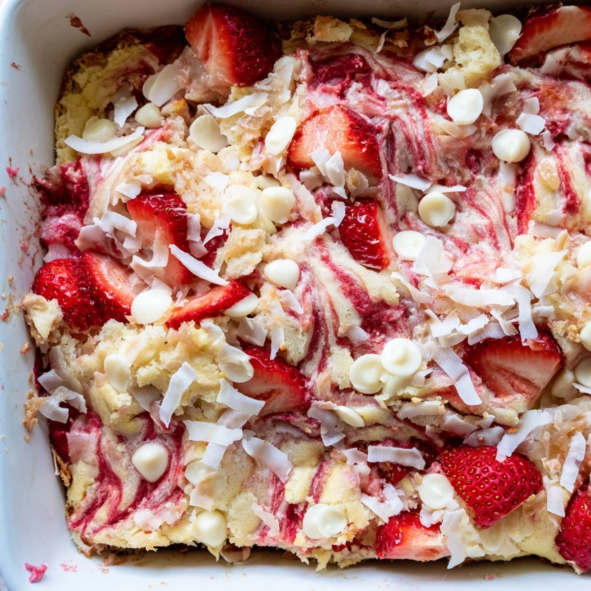 Fresh strawberry earthquake cake featuring white chocolate chips and creamy cheesecake ripples