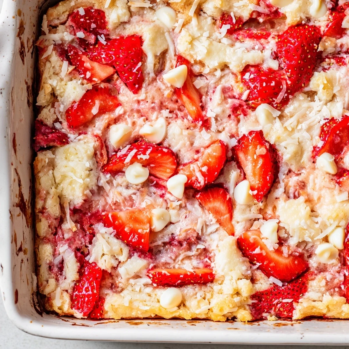 Gooey strawberry earthquake cake with cream cheese swirls and marbled cracked topping