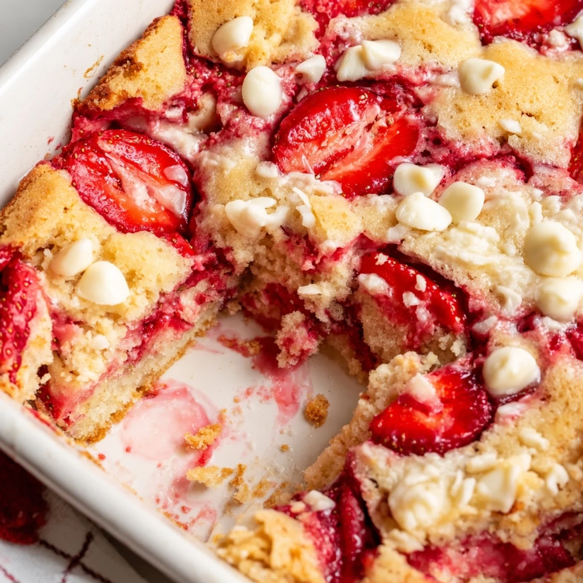 Slice of irresistible strawberry earthquake cake topped with coconut and sweet glaze