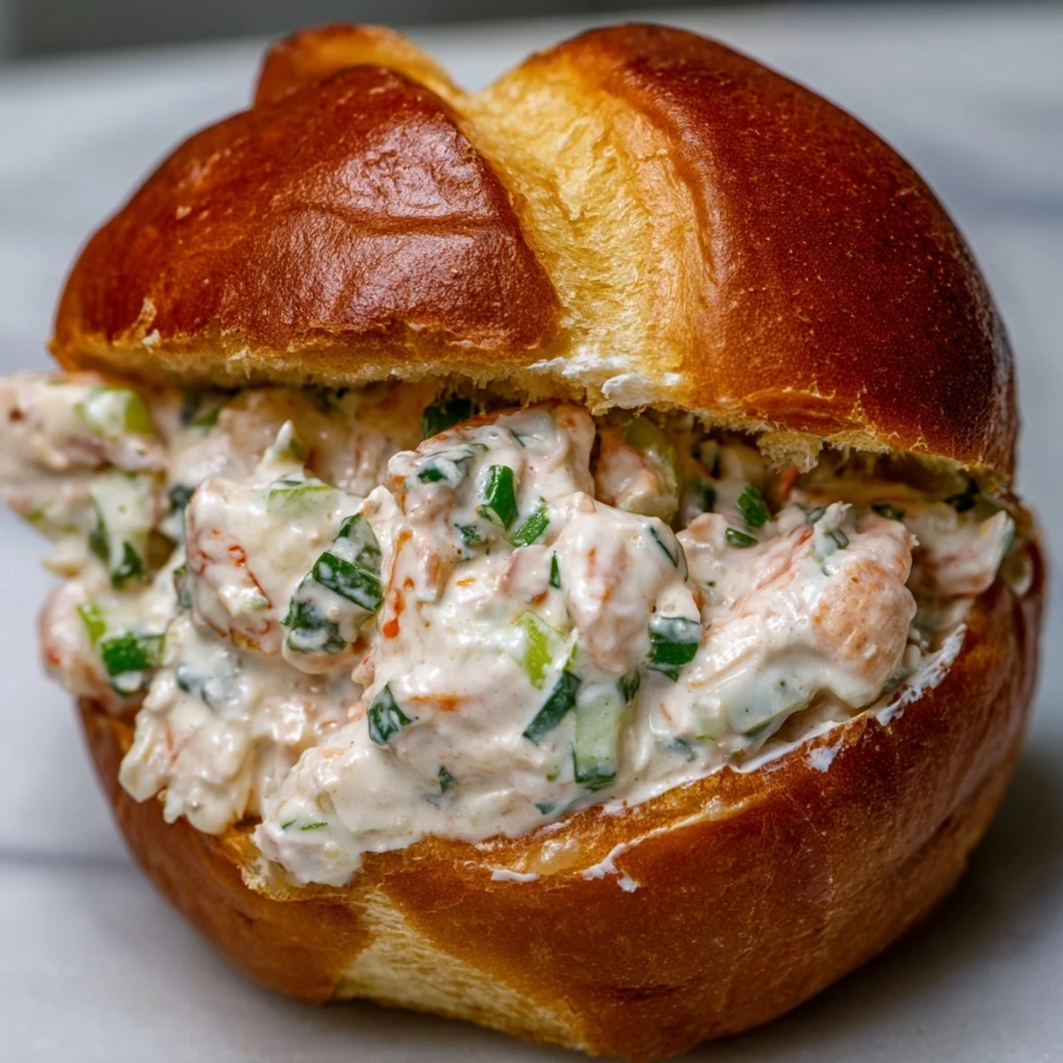 Buttery toasted sandwich filled with fresh lobster chunks and creamy seasoned dressing on a white plate