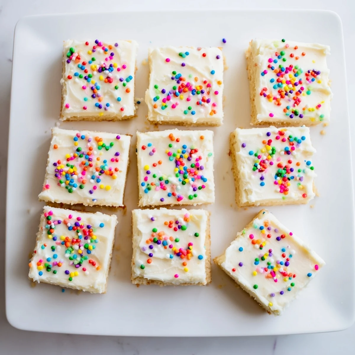 Golden sugar cookie bars topped with fluffy white frosting and colorful sprinkles on a white plate