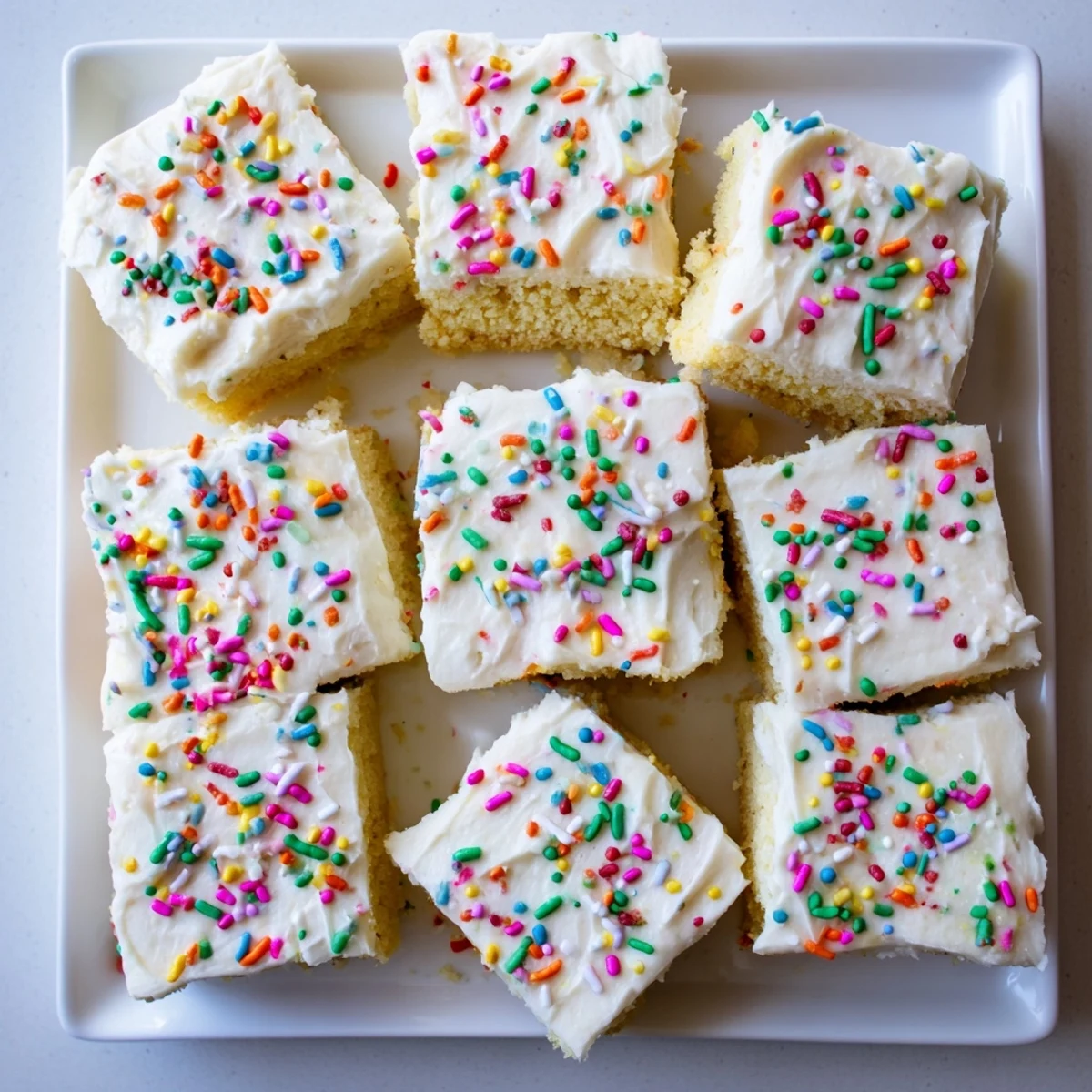 Soft buttery sugar cookie bars sliced into squares with thick creamy vanilla frosting and festive rainbow sprinkles