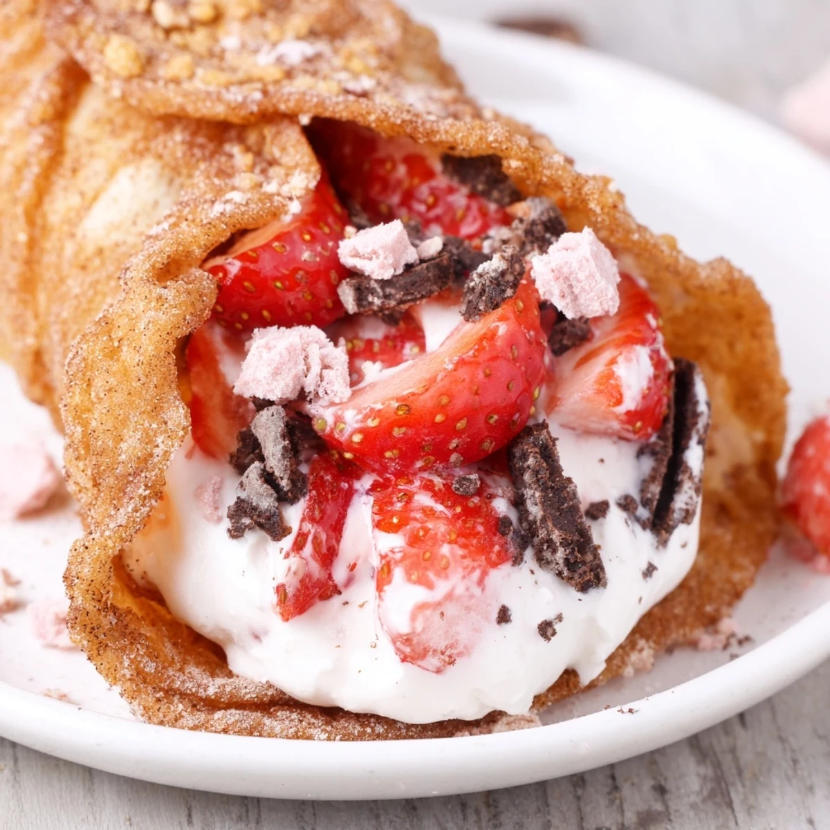Golden cinnamon-sugar taco shells overflowing with creamy vanilla cheesecake and fresh diced strawberries