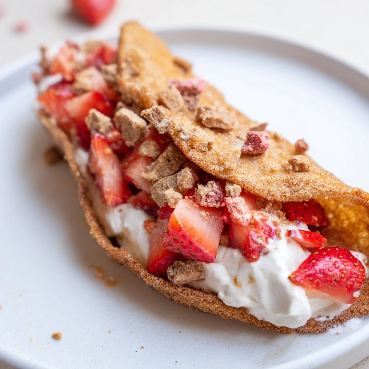 Crispy dessert taco filled with smooth cheesecake topped with sweet strawberry mixture and cookie crumble