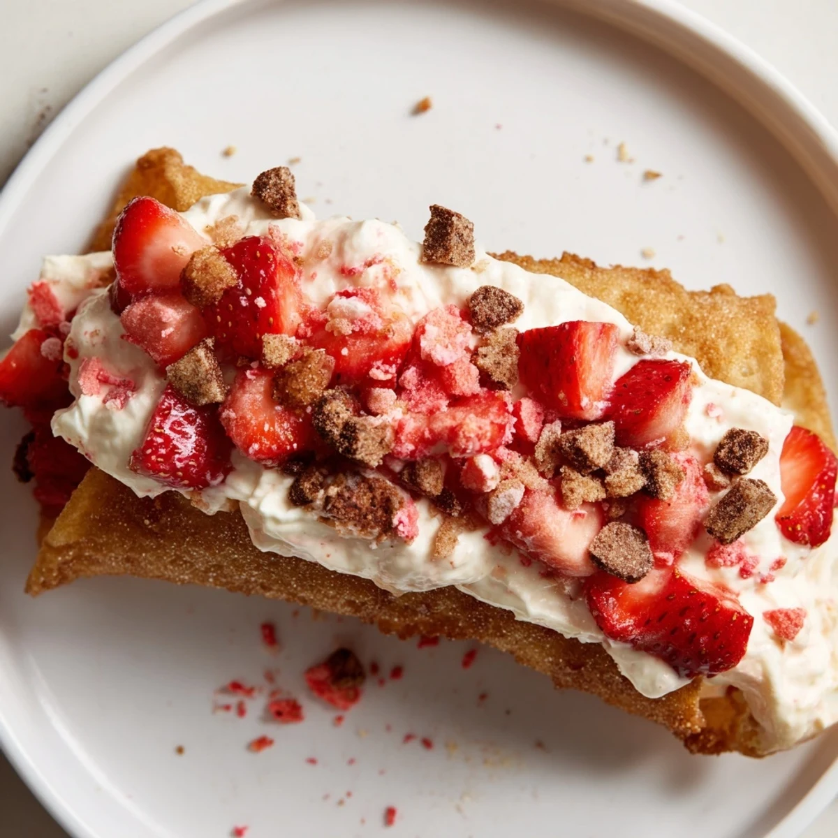 Close-up of strawberry crunch cheesecake taco garnished with macerated berries and golden crushed cookie topping
