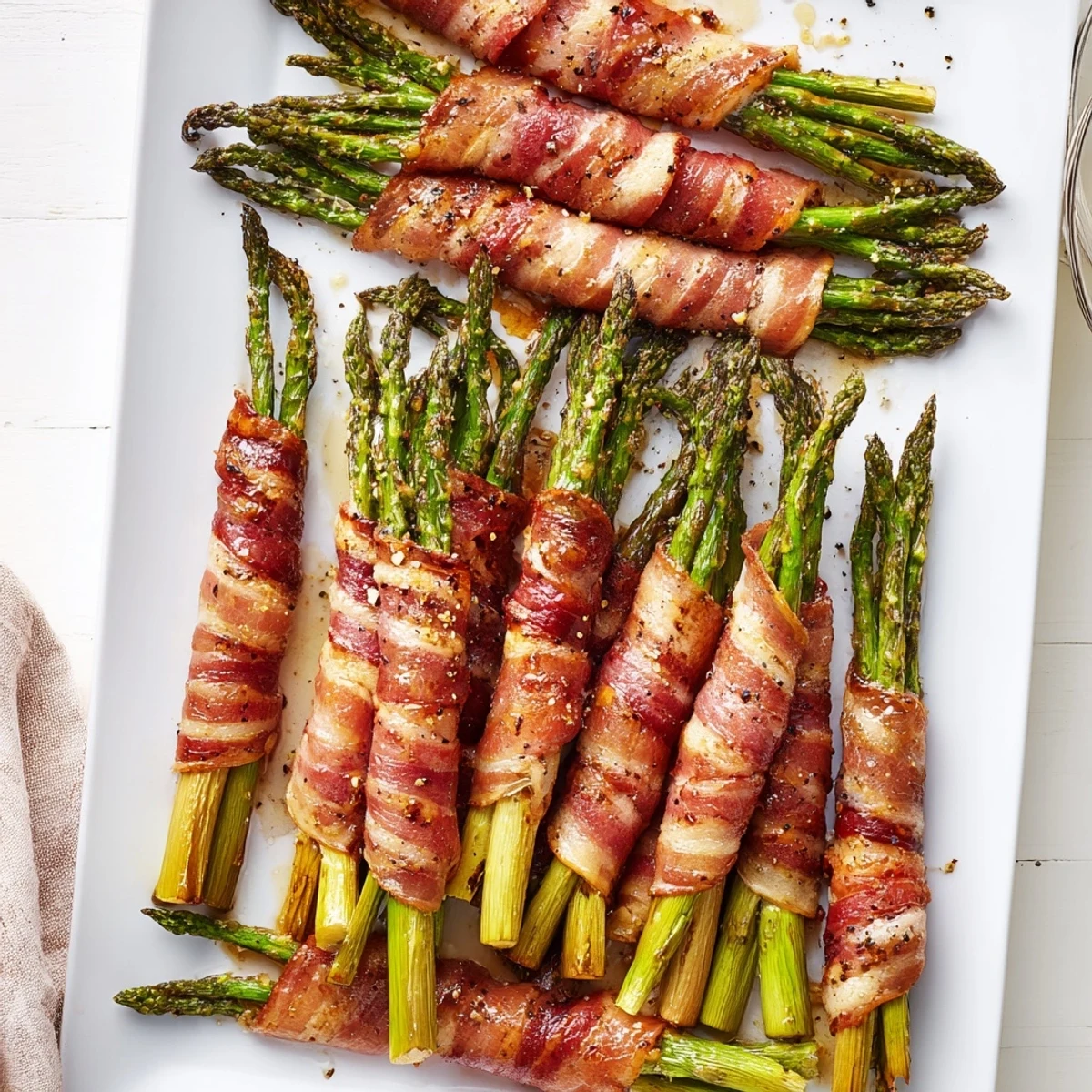 Crispy bacon wrapped garlic asparagus bundles arranged on a white serving platter