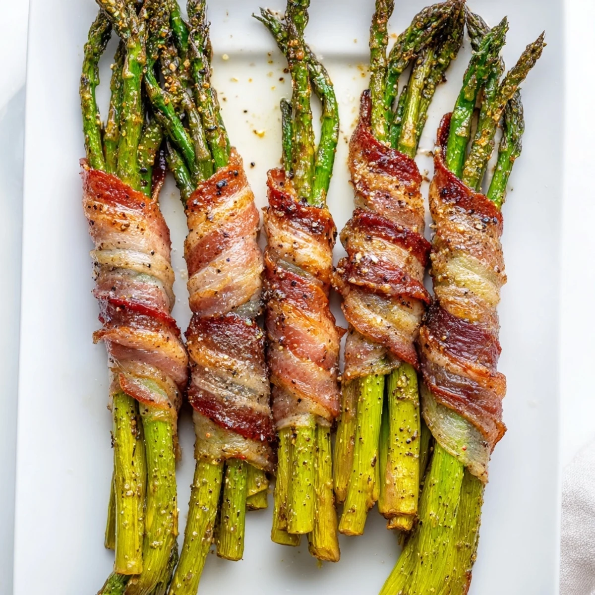 Golden brown garlic bacon wrapped asparagus spears fresh from the oven