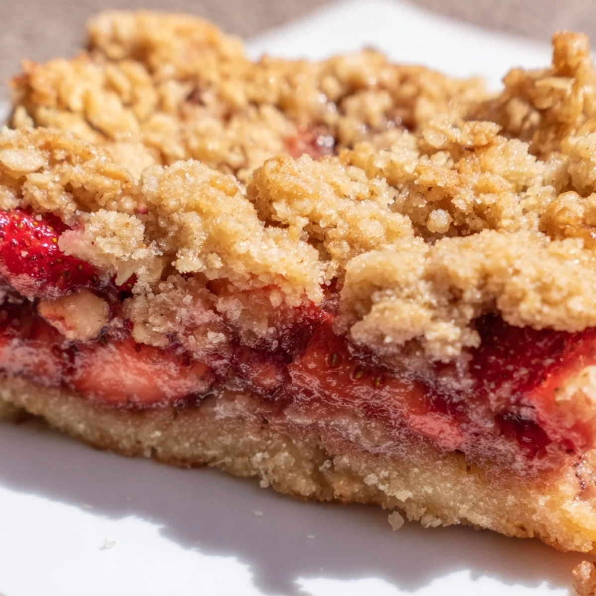 Golden strawberry oatmeal crumble bars with bubbling red fruit filling and buttery topping