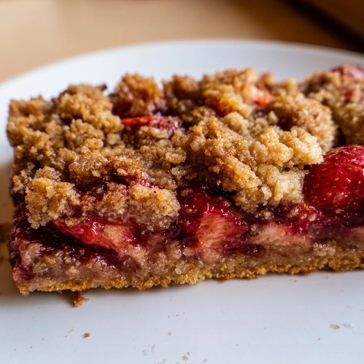 Homemade strawberry oatmeal crumble bars featuring sweet juicy strawberries beneath crispy oat crumble layers