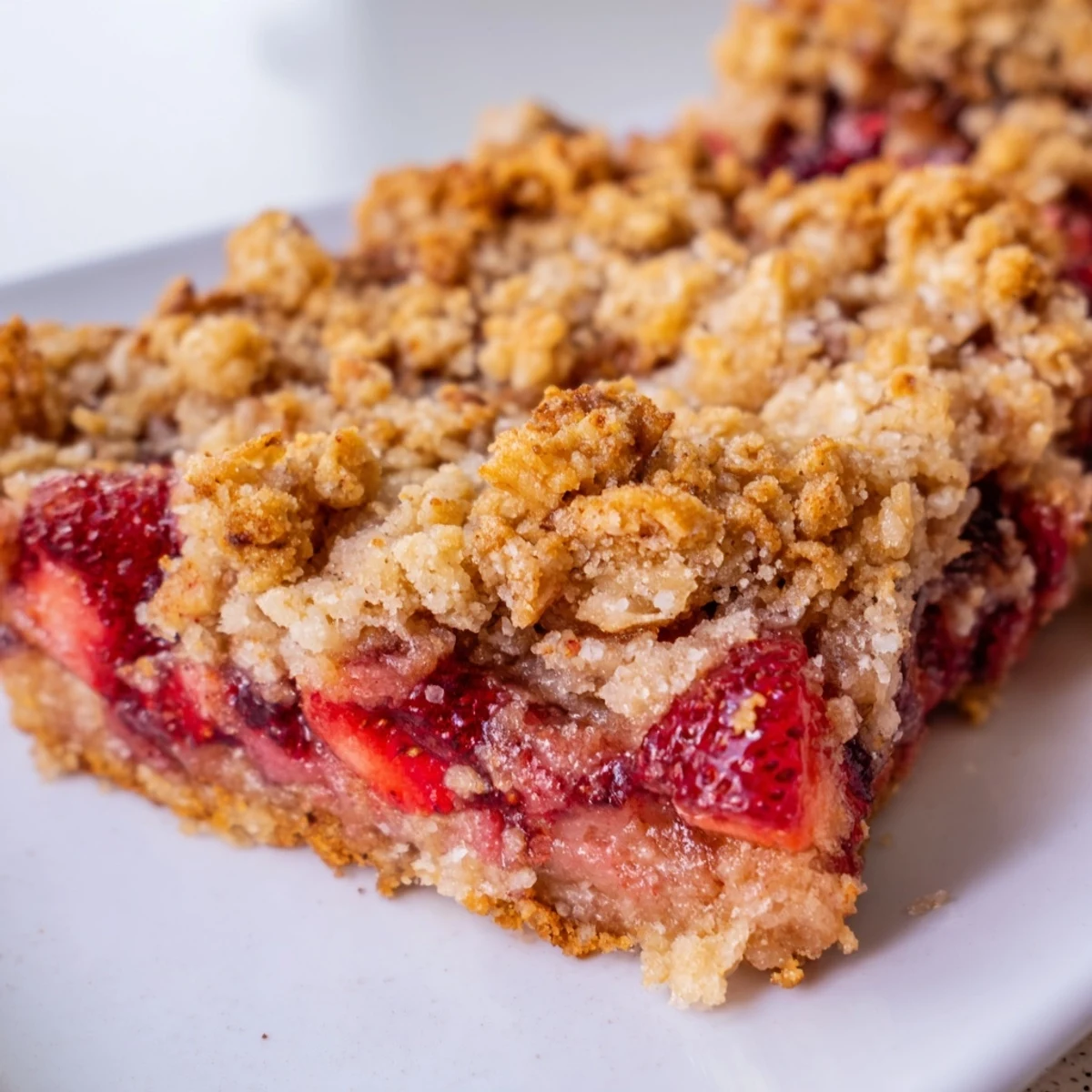 Fresh baked strawberry oatmeal crumble bars cut into squares with golden brown textured topping