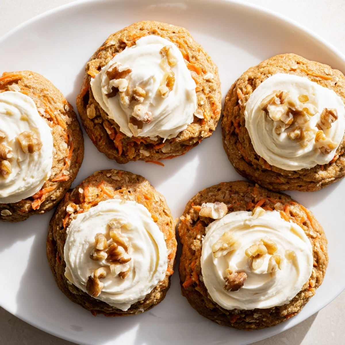 Golden spiced carrot cake cookies with visible grated carrot bits and swirls of tangy cream cheese frosting