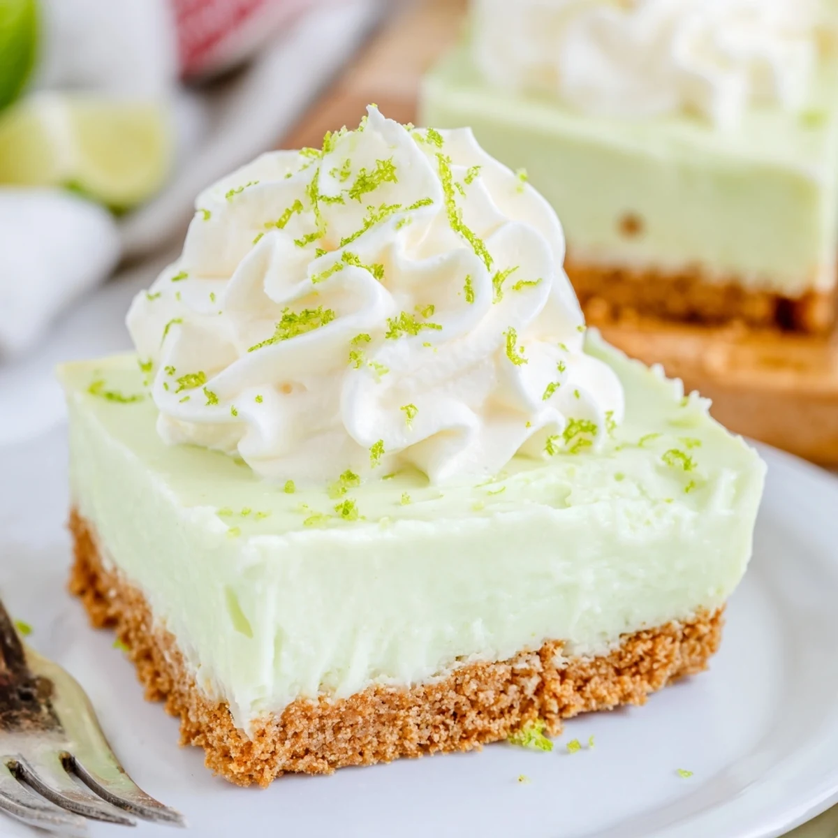 Golden square Key Lime Pie Bars with graham cracker crust and optional whipped cream topping dusted with green zest