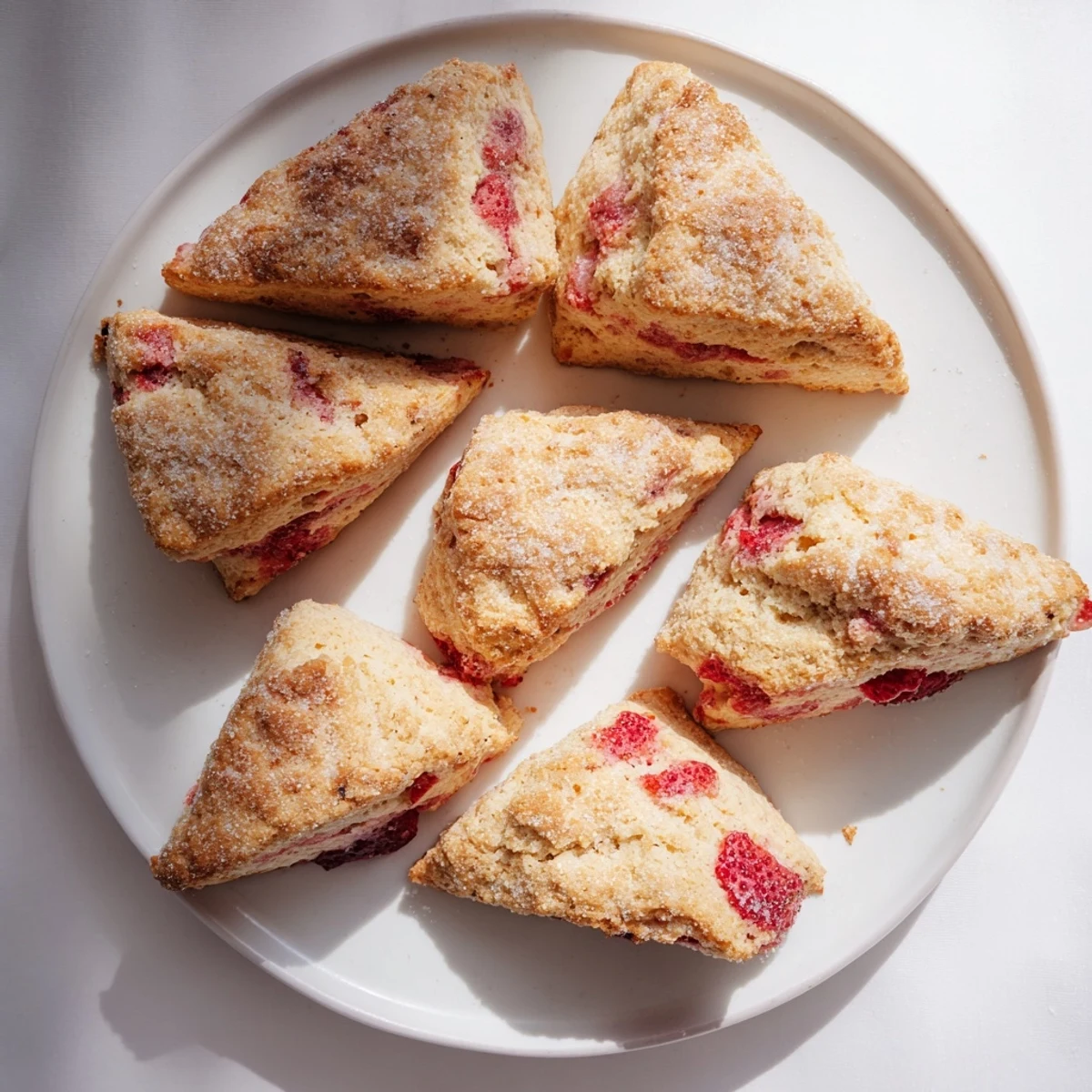Fresh baked strawberry scones golden brown with juicy red fruit pieces on a white plate