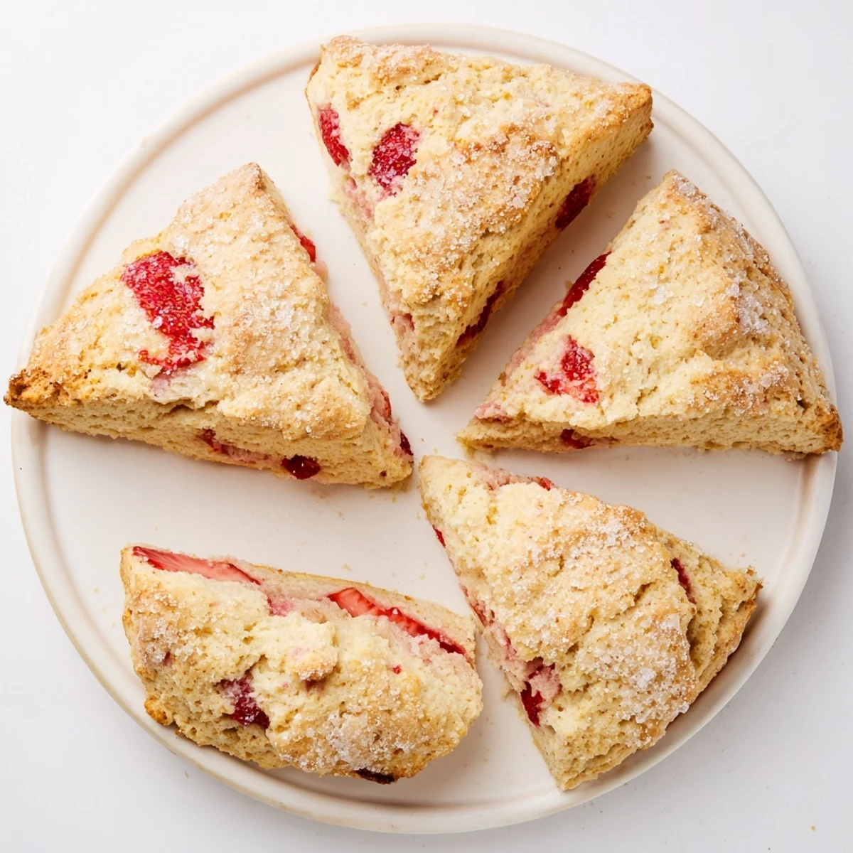 Tender strawberry scones scattered with coarse sugar served for breakfast with raspberry jam