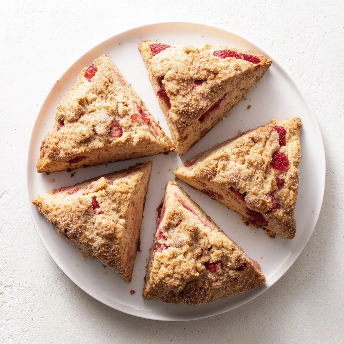 Buttery strawberry scones cooling on a wire rack with fresh strawberries scattered nearby