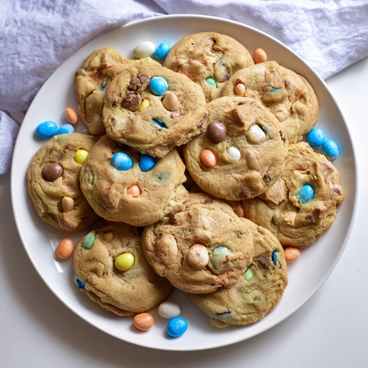 Freshly baked mini egg cookies featuring pastel candy eggs nestled in chewy buttery dough
