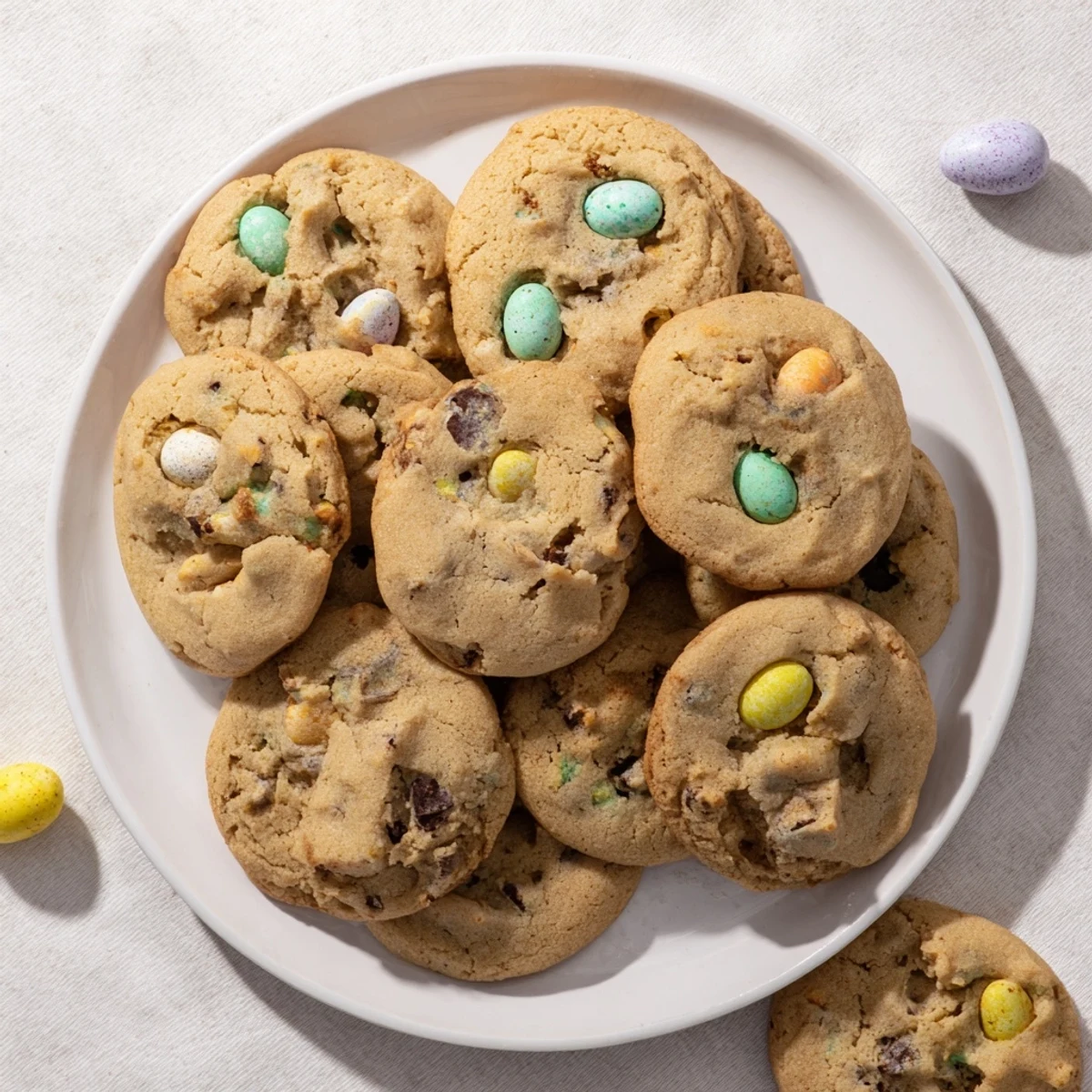 Golden brown mini egg cookies with colorful chocolate egg pieces on a wire cooling rack