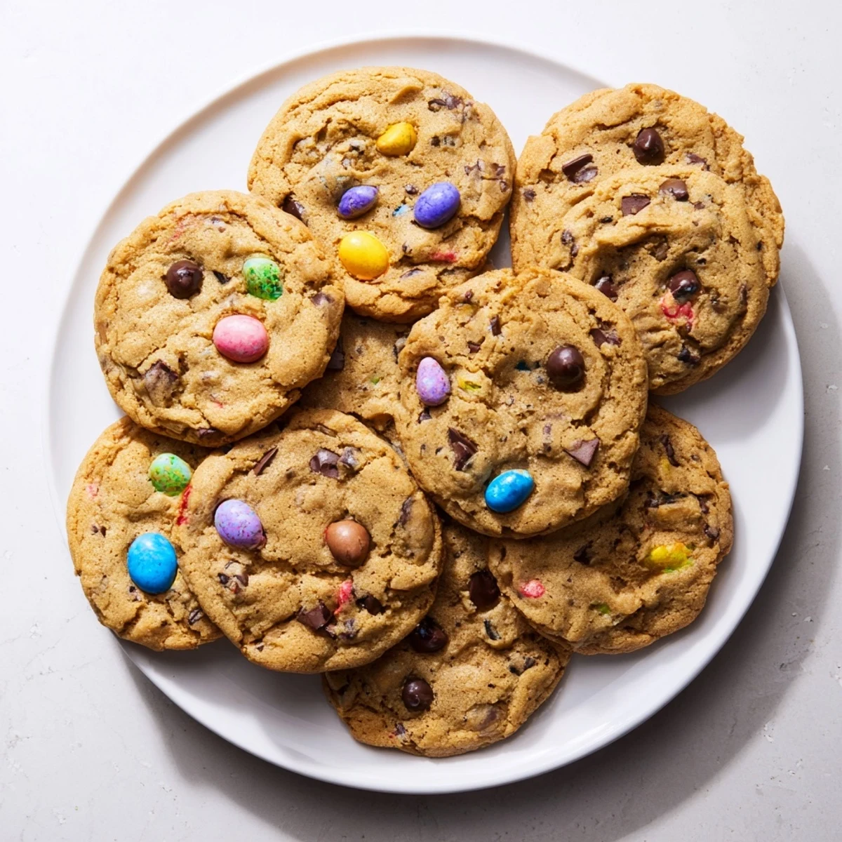 Stack of homemade mini egg cookies topped with crunchy chocolate eggs and semi-sweet chips