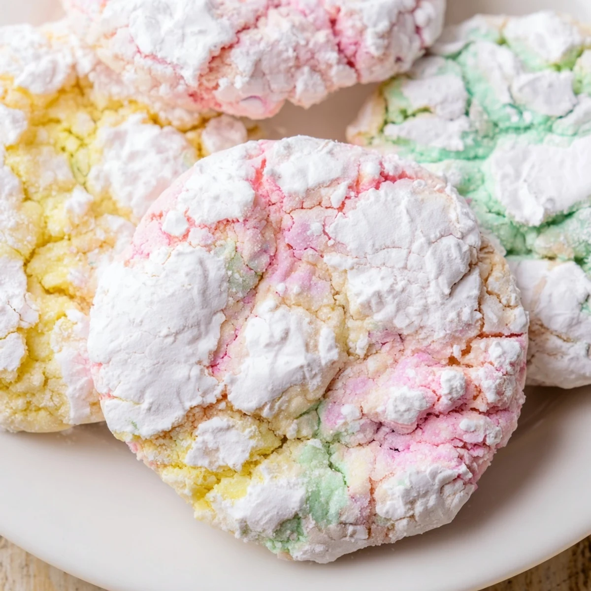 Soft pastel springtime crinkle cookies with white powdered sugar crackled coating on a baking sheet