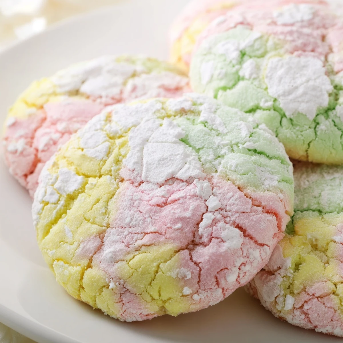 Colorful springtime crinkle cookies in pink yellow and blue with snowy white sugar crinkles