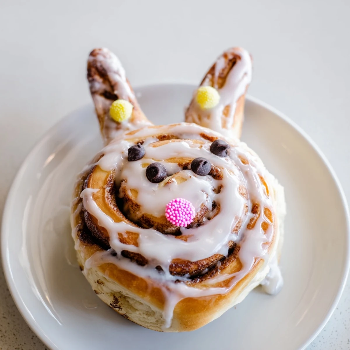 Fluffy golden Easter Bunny cinnamon rolls with white icing and cute ear shapes on a baking sheet