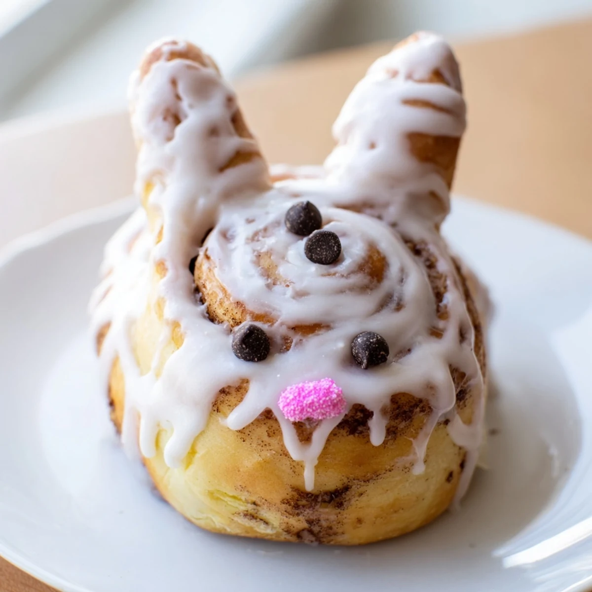 Warm homemade cinnamon rolls shaped like bunnies, topped with sweet glaze and chocolate chip eyes