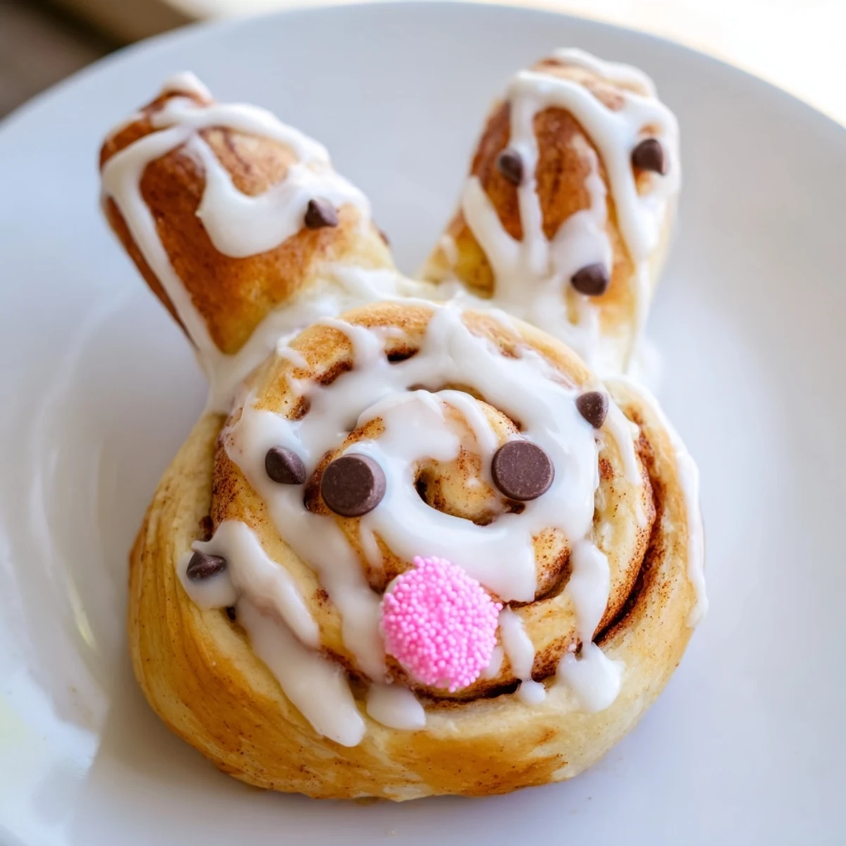 Festive Easter Bunny cinnamon rolls drizzled with vanilla icing and decorated with pink sprinkle noses