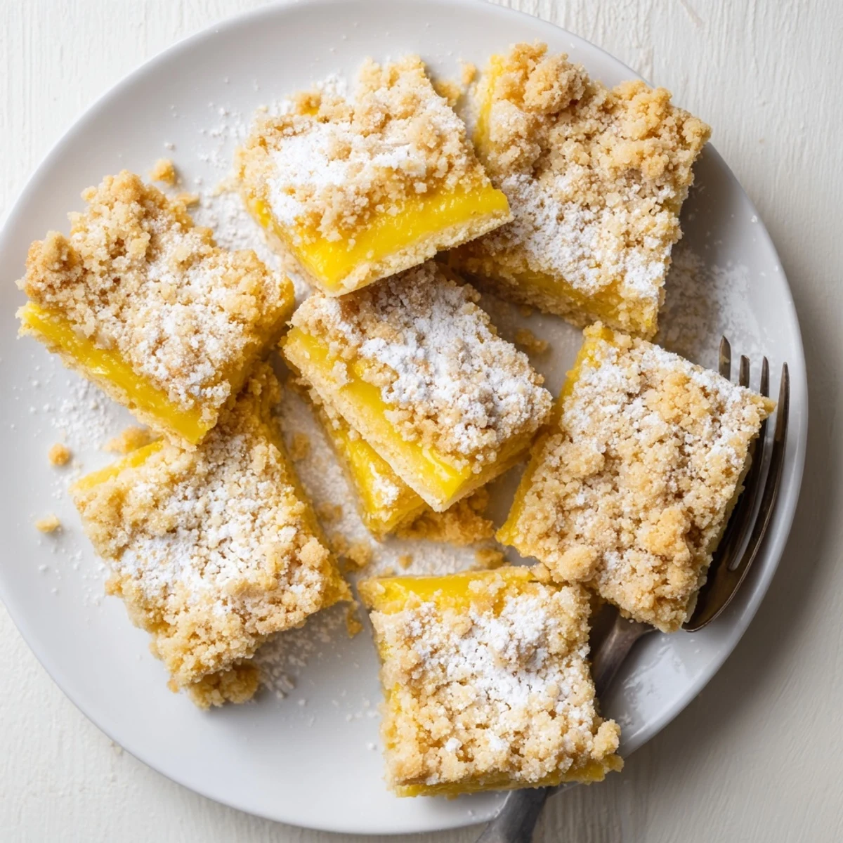Fresh baked lemon crumb bars cut into squares with powdered sugar dusting on top