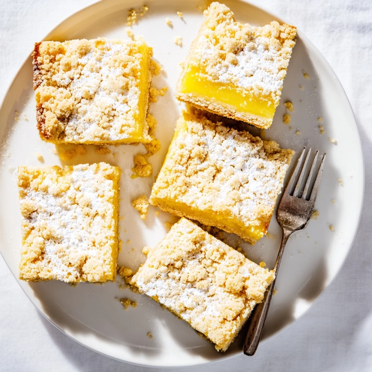 Bright yellow lemon filling peeking through golden brown buttery crumb topping on dessert bars