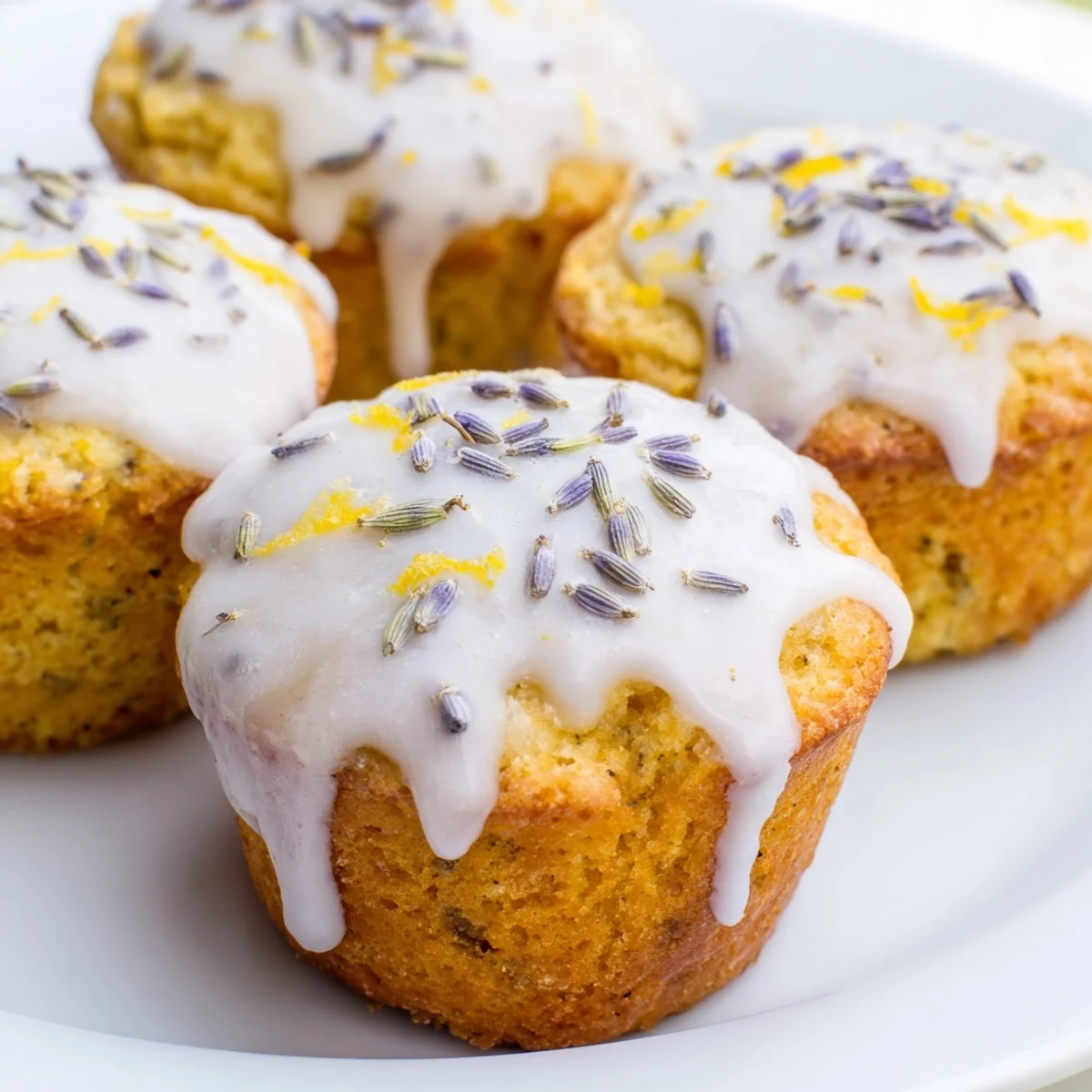 Golden mini lemon cakes with lavender glaze drizzled over a wire cooling rack