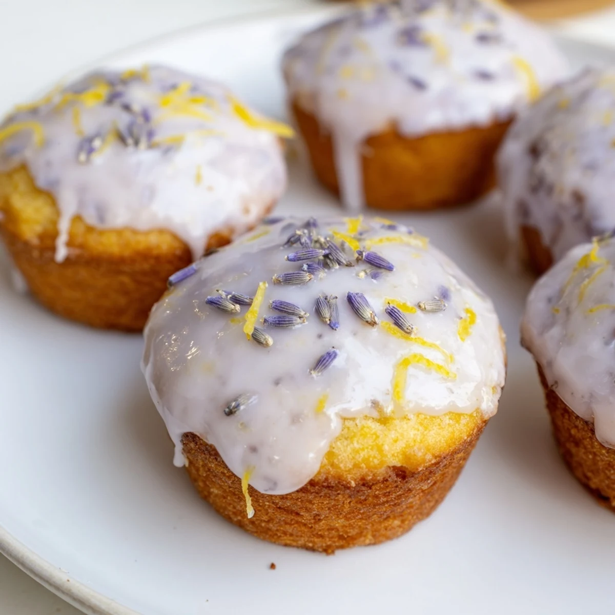 Bright yellow mini lemon cakes topped with floral lavender icing on white serving plate