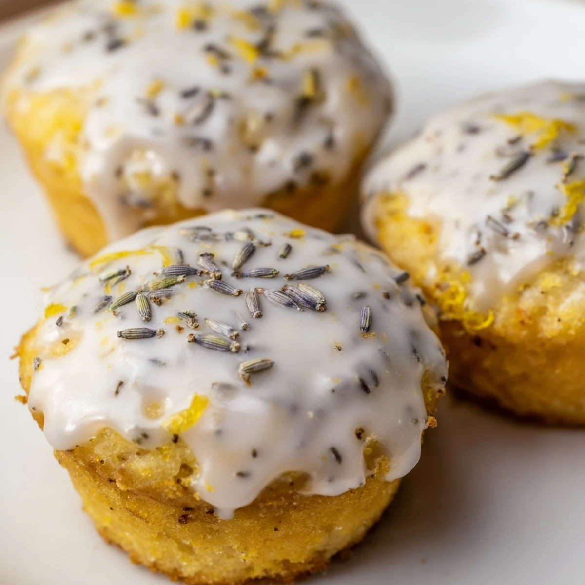 Teatime spread featuring glazed mini lemon cakes sprinkled with dried lavender buds and fresh zest
