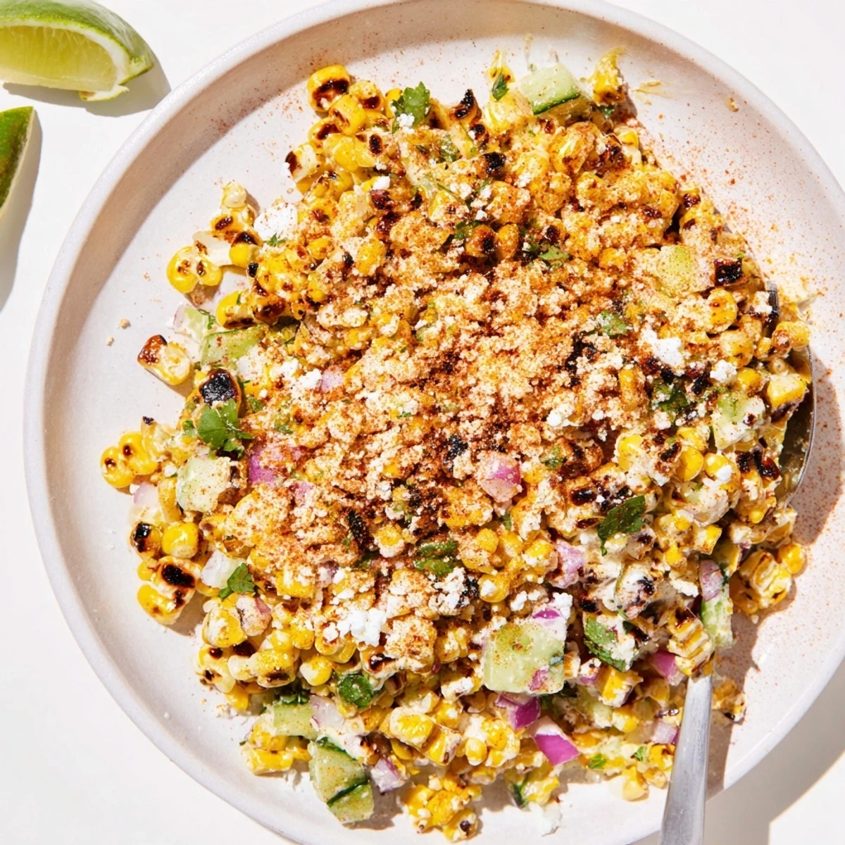 Colorful street corn creamy cucumber salad featuring charred corn kernels, crisp diced cucumbers, crumbled cotija cheese, and fresh cilantro in a zesty mayonnaise lime dressing