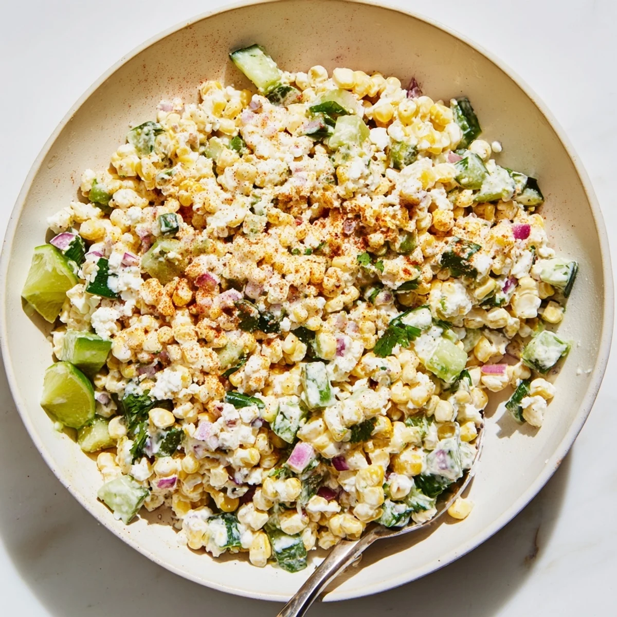 Mexican street corn inspired creamy cucumber salad bowl topped with white cotija crumbles, vibrant green cilantro, and a smoky chili powder garnish