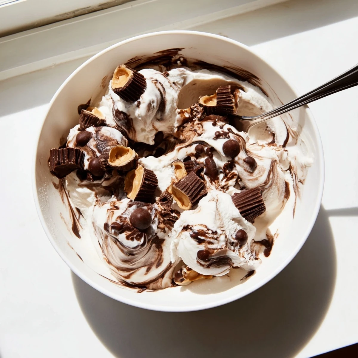Creamy homemade moose tracks ice cream swirled with rich fudge and chocolate peanut butter cups in a glass bowl