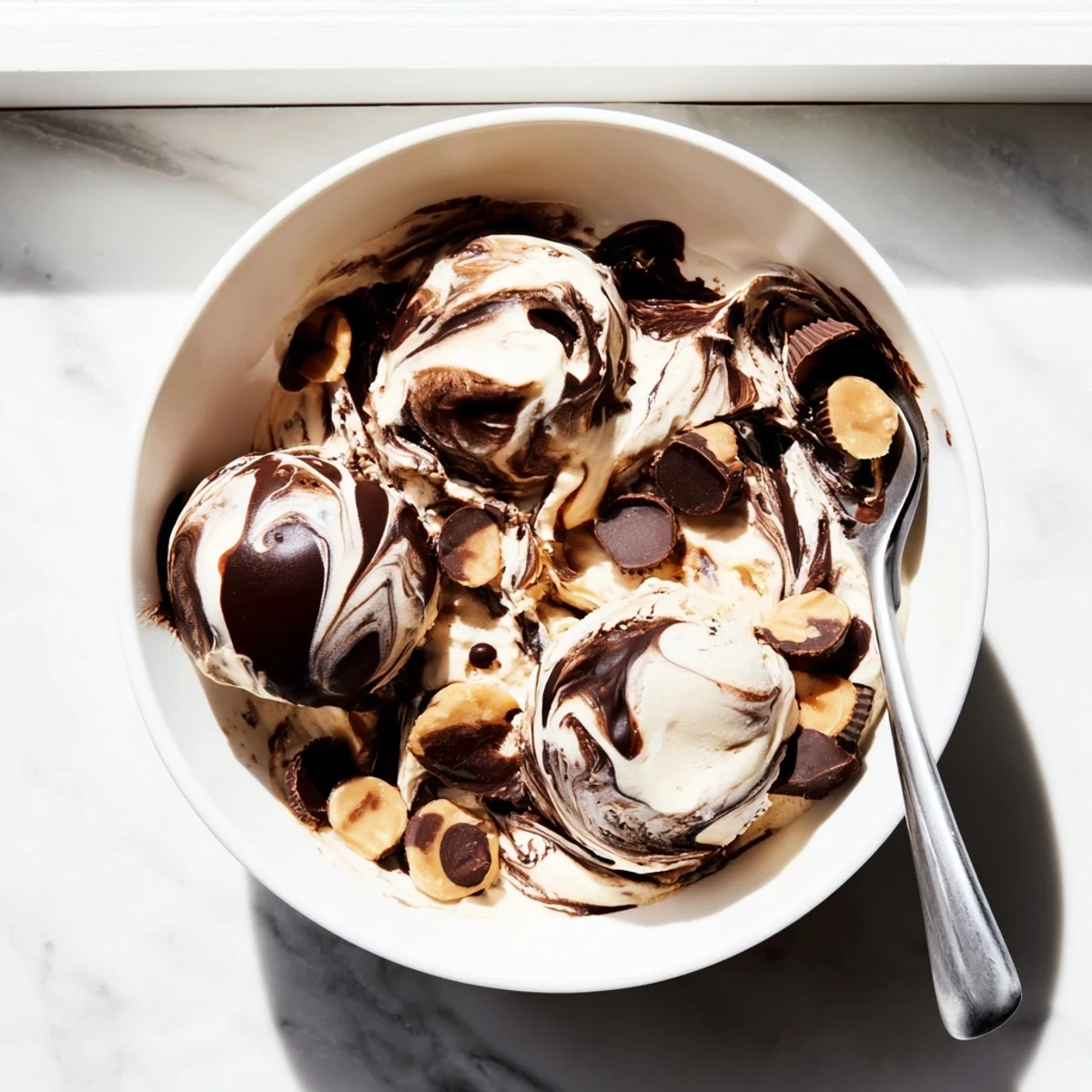 Homemade moose tracks ice cream showing marbled chocolate fudge swirls and chunks of chocolate peanut butter cups in a white serving dish