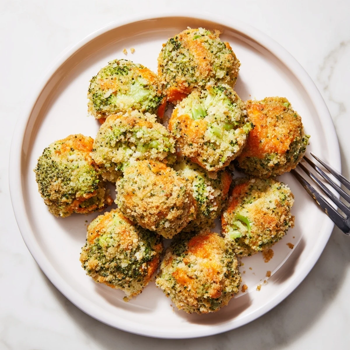 Golden brown baked broccoli and cheese balls arranged on a white serving platter