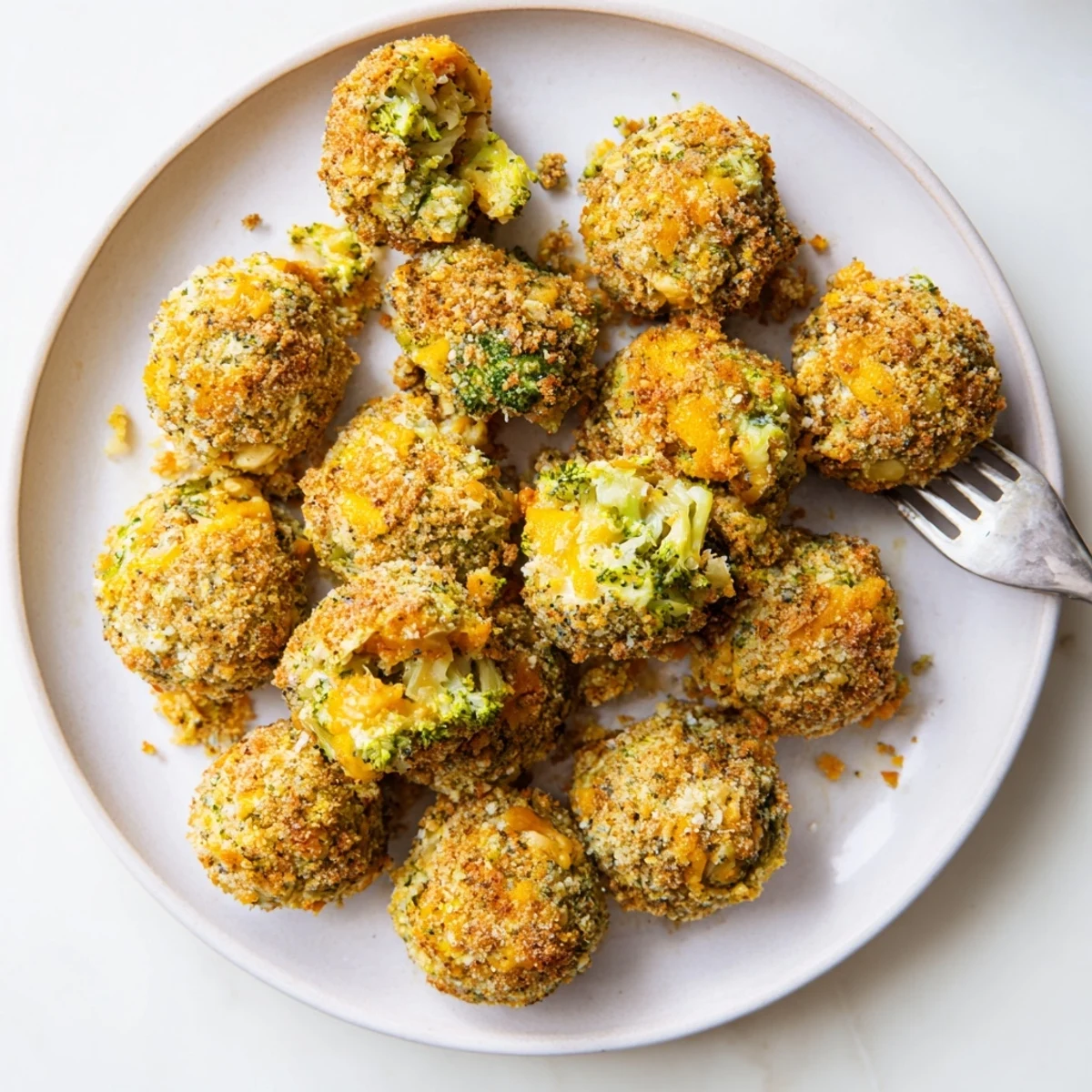 Close up of golden vegetarian baked broccoli and cheese balls on parchment paper