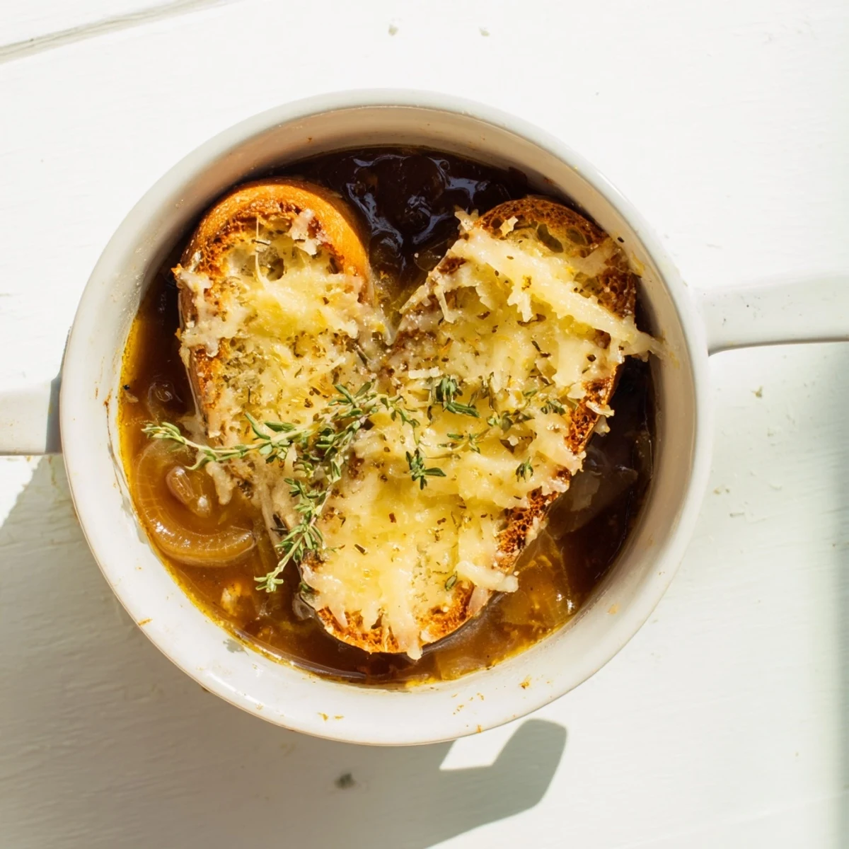Comforting French onion soup featuring deep amber onions in savory broth with toasted baguette and melted Gruyère cheese topping