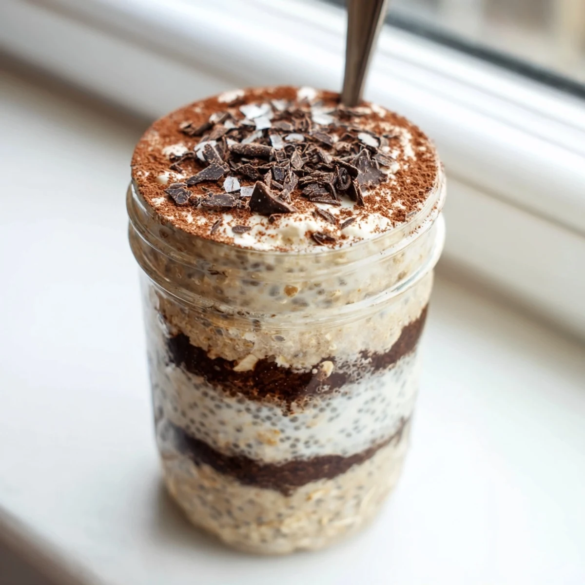 Healthy breakfast tiramisu overnight oats featuring coffee-soaked oat layers topped with dark chocolate shavings