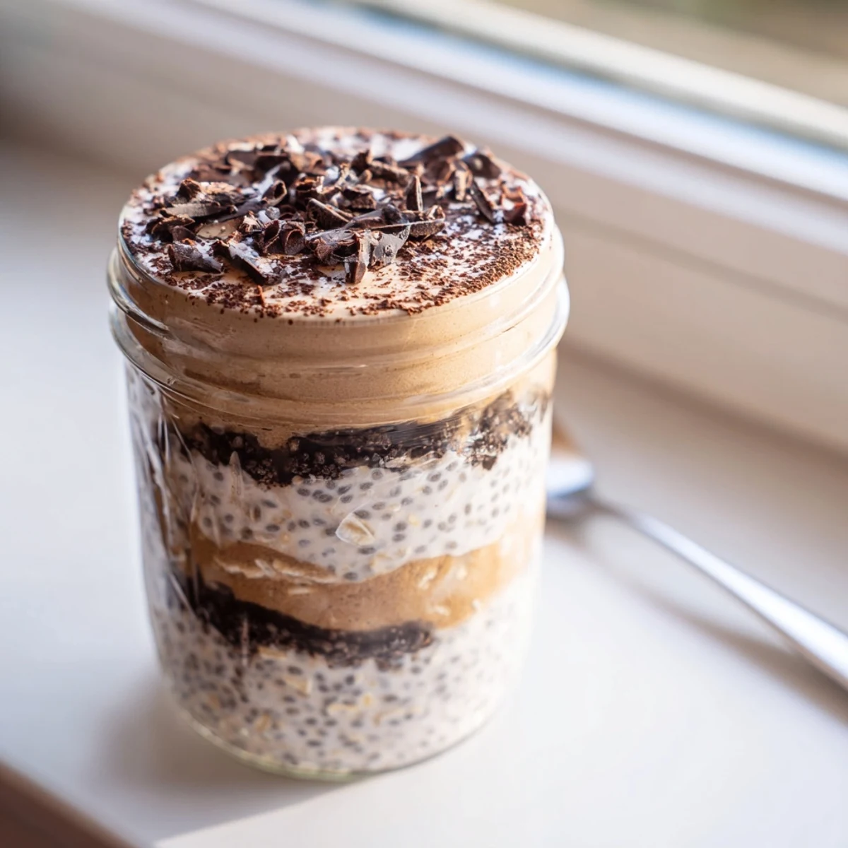 Creamy tiramisu overnight oats layered with espresso-infused mascarpone and dusted cocoa powder in glass jars