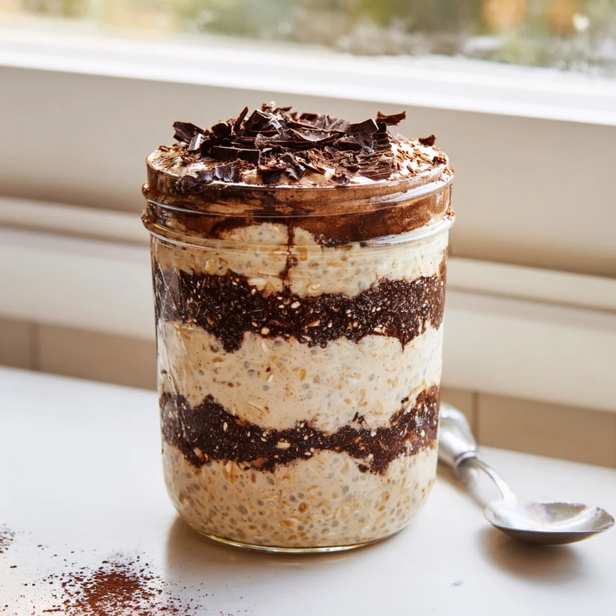 Decadent tiramisu overnight oats recipe showcasing marbled espresso and mascarpone layers in clear meal prep containers