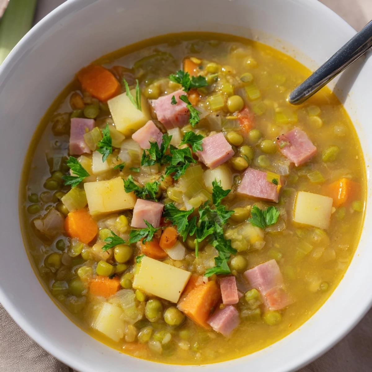 Golden bowl of hearty split pea soup with diced vegetables and fresh parsley garnish