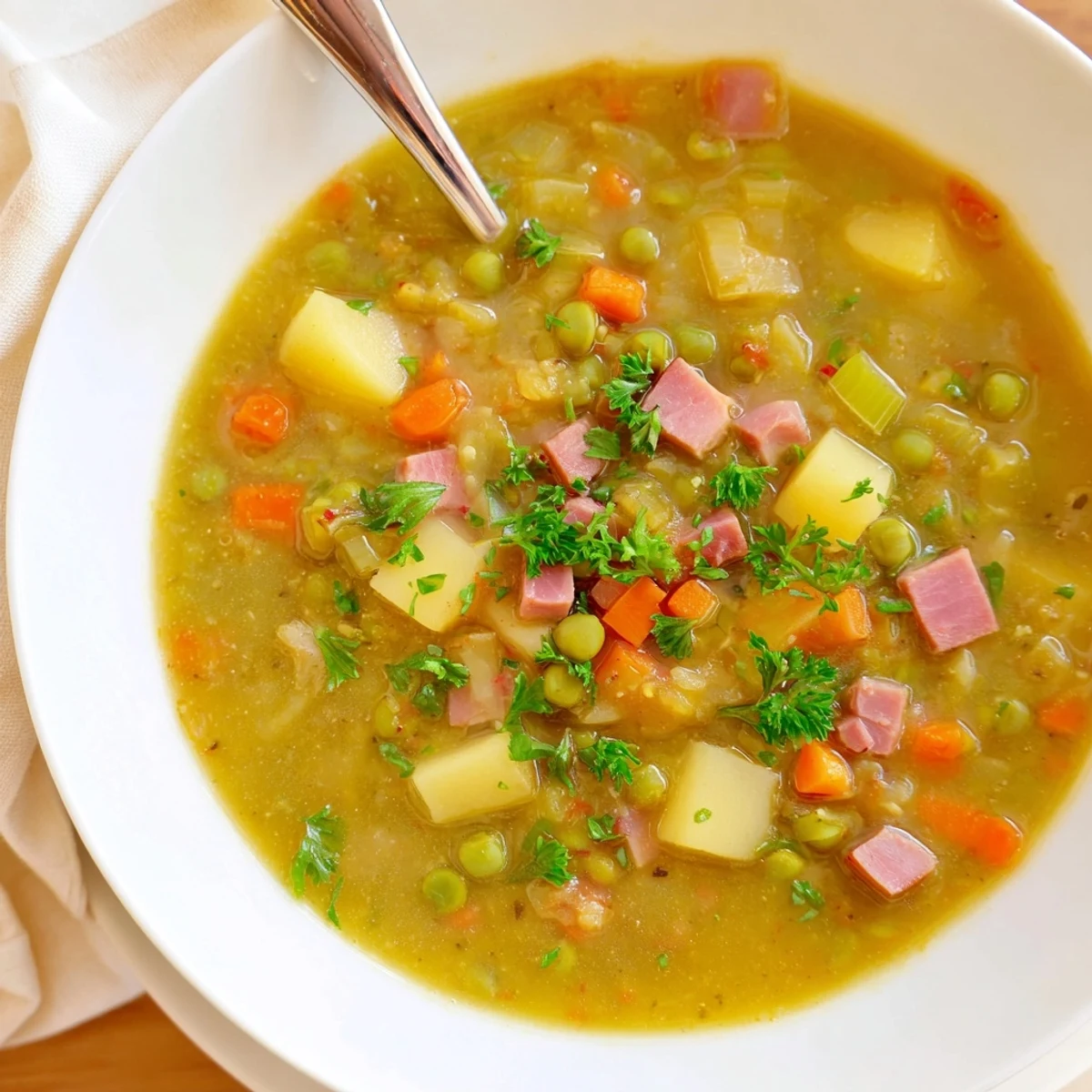 Creamy green split pea soup simmered with carrots, celery, and tender potato chunks